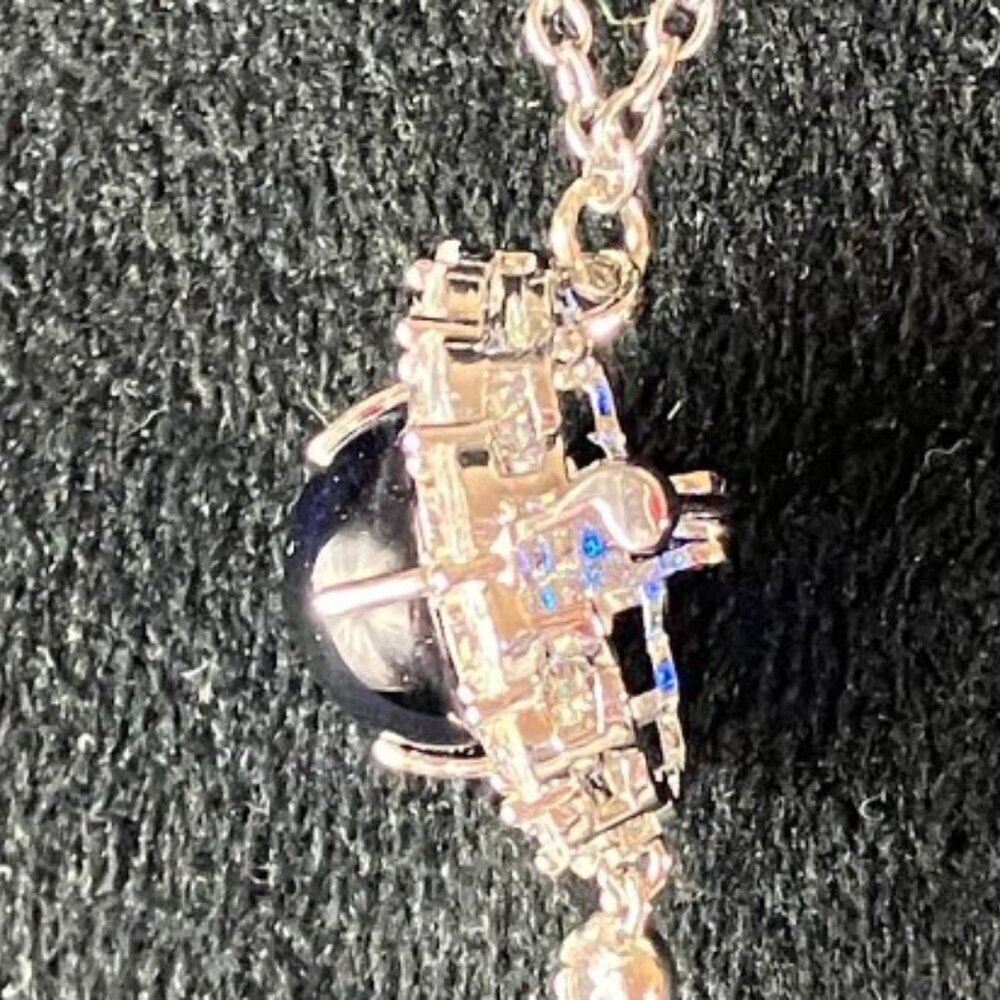 Handcrafted Sapphire Blue Cabochon Clear Cubic Zirconia Pearl Pendant Pin  20" - Picture 4 of 11